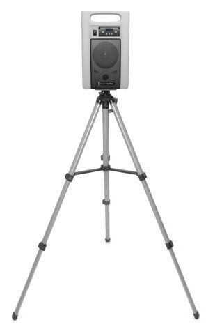 An Audita receiver rests on the tripod stand.