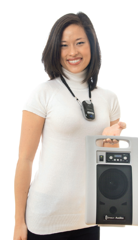 A model wears the Audita transmitter and holds up the receiver.