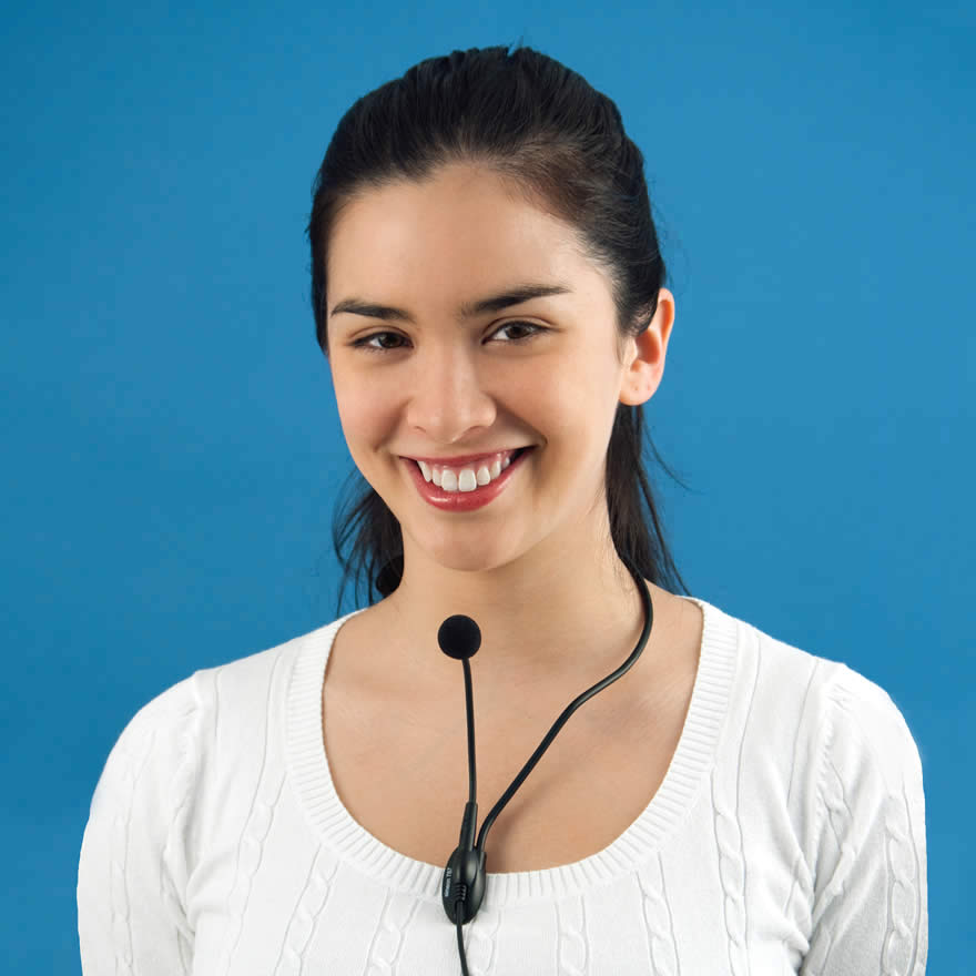 A model wears the 787 microphone with the collar.